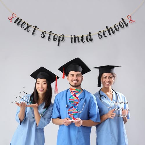 Image of Next Stop Med School Banner, Congrats Doctor /Future Doctor Party Decorations, Class of 2025 Medical School Graduation Party Decorations Supplies, Black and Red Glitter