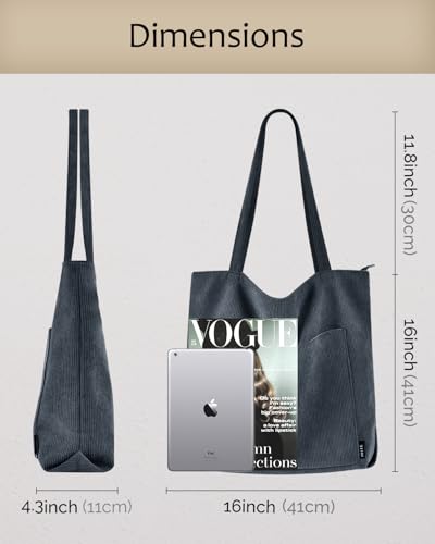 Image of Prite Corduroy Tote Bag for Women Large Shoulder Bag with Zipper and Pockets for College School Work Travel Shopping