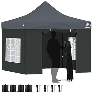 VOUNOT Tuinpaviljoen, opvouwbaar, 3 x 3 m, versterkt met 4 wanden, raam, tent van polyester, waterdicht, voor festival, tuin, camping, draagtas en zandzakken, grijs