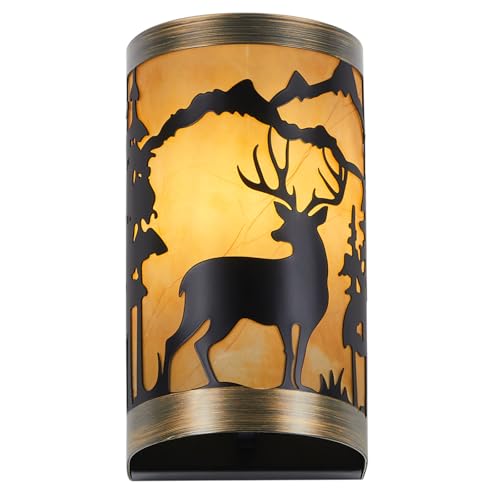 Image of Rustic Wall Sconces Deer Metal Lamp, Black and Gold Farmhouse Wall Light Fixture with Shade, E26 Base Vintage Industrial Lighting for Bedroom, Living Room, or Lodge Cabin (Bulb not Included)