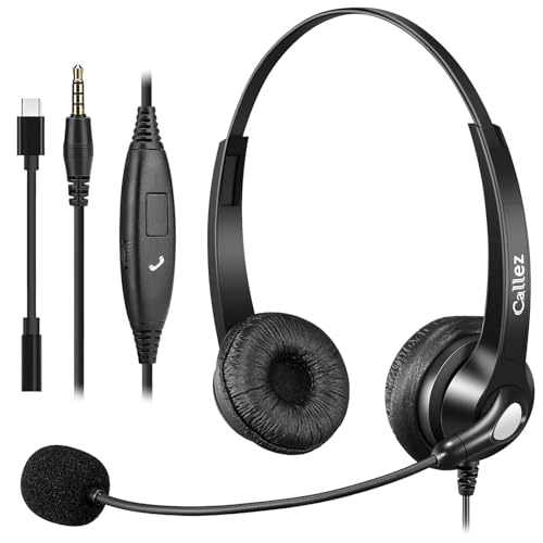 Callez Casque 3,5mm pour PC Téléphone Portable, Oreillette USB-C Filaire avec Micro Anti-Bruit pour iPhone Ordinateur Télétravail Visioconférence Zoom...