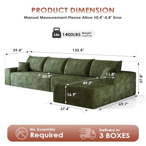 Image of Boneless Couch, Modular Sectional Couches for Living Room, U-Shaped Cloud Couch Sofa with Deep Seat, Fluffy Corduroy Upholstered Corner Sofa