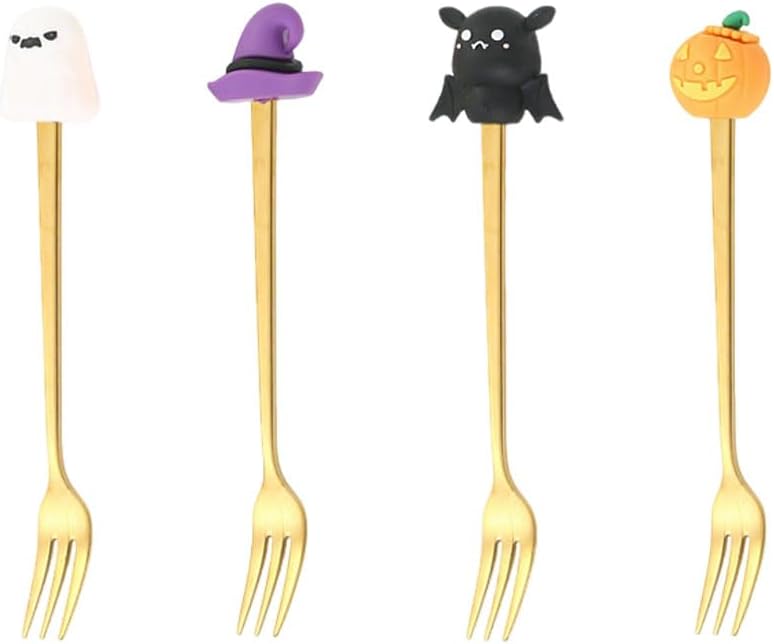 Halloween Decorative Dinner Forks Set, 4-Piece Gold Stainless Steel Flatware with Pumpkin, Bat, Witch Hat, Ghost Designs