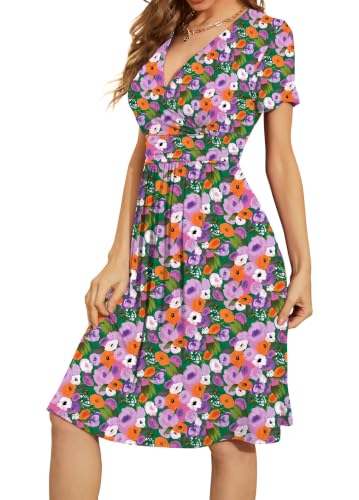 Image of WEACZZY Women's Summer Short Sleeve Casual Dresses V-Neck Floral Party Dress with Pockets