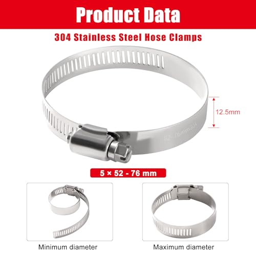 YIXISI 5 PCS 52-76 mm Hose Clips, 304 Stainless Steel Hose Clips, Adjustable Hose Clamps, Jubilee Clip, for Hose Pipe Tube - Image 2