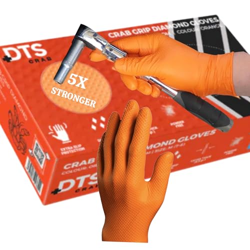 Heavy Duty Super Strong Orange Grip Nitrile Gloves PF 8 mil |Mechanical|Industrial| Engineering|Lab|Food|Cleaning|Plumbing| Gardening, Box of 50 Gloves (Orange, Large)