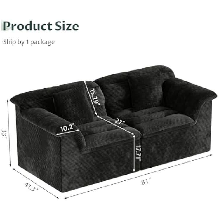 81 Sofa with Deep Seats Oversize, 2 Seater Cloud Couches, Upholstered Corduroy Loveseat for Living Room Bedroom, No Assembly Required, Black