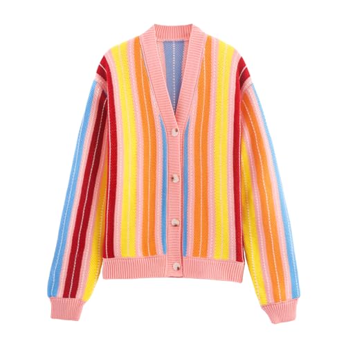 HOULENGS Women's Casual Long Sleeve Rainbow Striped Cardigan Sweaters V Neck Button Down Color Block Knit Loose Sweater Coat