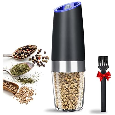 Electric Gravity Pepper Grinder or Salt Grinder Mill, Battery Operated Automatic Pepper and Salt Mill Grinder with LED Light, Adjustable Coarseness, One Handed Operation (Black) Cover