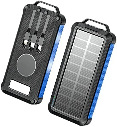 Cargador Solar 10000/20000mAh Banco de energía Solar portátil Cargador inalámbrico Incorporado de 3 Cables con Linterna LED Batería Externa Cargador de teléfono Solar Impermeable para Viaje