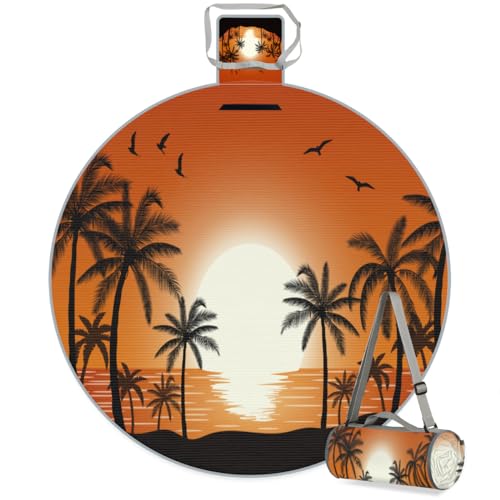 Shimoshe Sunset Seagull Palm Tree Picnic Outdoor Blanket Foldable Waterproof Sandproof Beach Blanket Portable Water-Resistant Round Picnic Mat for Travel Camping Park Lawn