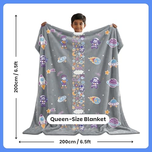 Image of Famyo GlowMaxx Glow in Dark Kids Flannel Blanket 200x152 cm | Leo the Astro, soft flannel double bed blanket, warm winter blanket, lab-tested & safe, grey for kids