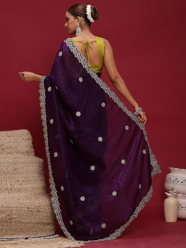 Image of AKHILAM Women's Tissue Embellished Saree With Unstitched Blouse Piece (RANI4701 RN Parent)