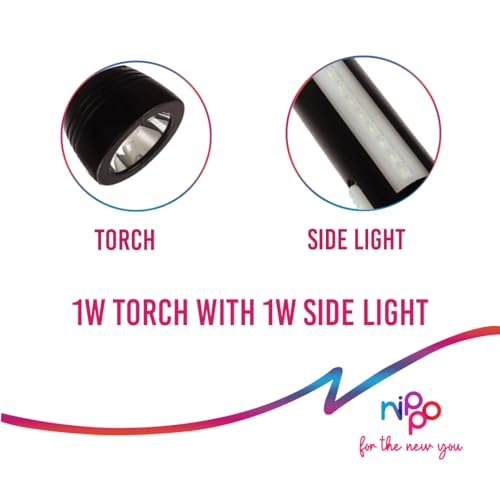 Nippo Nova Rechargeable LED Torch with Side Light | Lithium ion Battery with 2hrs Back |C Type Micro USB| Black - Image 3 thumbnail