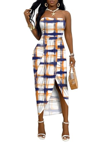 Image of Umenlele Women's Strapless Ruched High Waist Wrap Split Asymmetrical Beach Maxi Long Dress