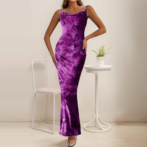 Image of Women's Spaghetti Strap Maxi Dress Floral Print Bodycon Long Dress Summer Beach Vacation Wedding Guest Outfits
