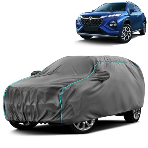 Image of Water-Resistant Dustproof Car Cover for Maruti Fronx - Mirror Pocket, UV Protection, Scratch Guard, Buckle Belt, Front & Back Bottom Elastic with Aqua Blue Piping - Grey