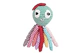Pulpo amigurumi para recién nacido multicolor con lazo rojo. Pulpo de ganchillo - crochet para bebé.