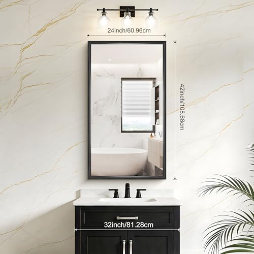 Image of Black Framed Mirror, 24 x 42 Inch Brushed Black Bathroom Mirrors for Over Sink, 0.6 inch Thickened Deep Frame Rectangle Mirrors for Wall, Tempered Glass, Antirust, Horizontally /Vertically