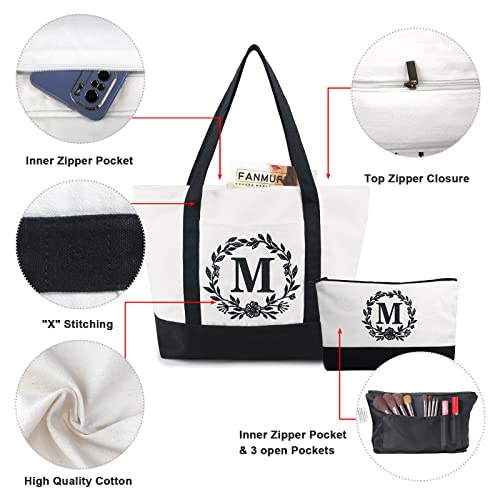 Image of BeeGreen Initial Canvas Tote Bag w Top Zipper Closure & Pockets 12oz Personalized Embroidery Monogrammed Gift Bag for Women