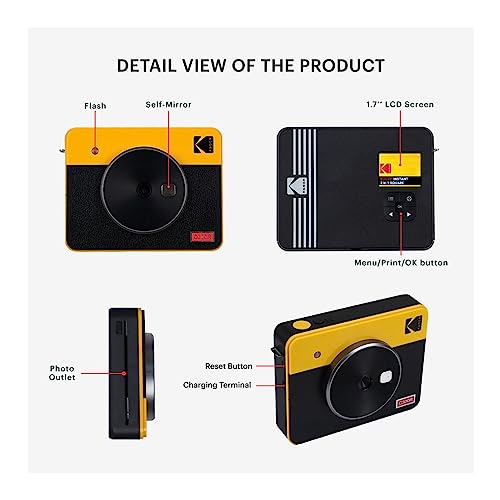 KODAK Mini Shot 3 Retro 3x3 Instant Camera, Photo Printer, 38 Sheet, Yellow | Bluetooth, iPhone & Android Smartphone Compatible, 13MP Camera, Retake Before Printing, Water, Fingerprint & Fade Resistant