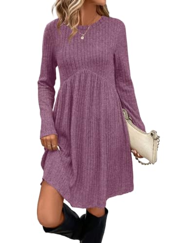 Image of OFEEFAN Long Sleeve Dress for Women Crew Neck Empire Waist Tunic Dress with Pockets