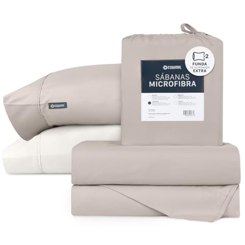 La Mejor Lista de Juegos de sábanas y fundas de almohada los mejores 5. 46 ESQUIMAL Juego de Sábanas de Microfibra + Fundas de Almohada Extra, Suaves y Frescas (Khaki - Marfil, Individual)