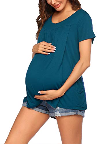 Ekouaer Maternity Clothes Women's Nursing Tops For Breastfeeding Tee Shirts Summer Short Sleeve Pregnancy Shirts Blouses Teal,Xl #TOP2