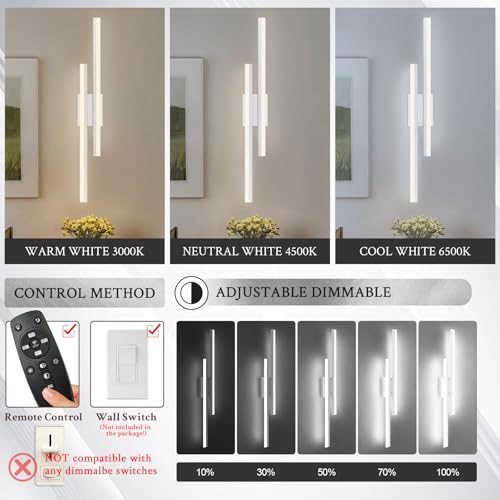 Image of LED Wall Sconce Silver Modern Remote Wall Light Fixtures for Living Room, Dimmable LED Vanity Light Indoor Remote Wall Sconce for Bedside Bedroom Bathroom Dining Room, L31.5inch 1 Pack