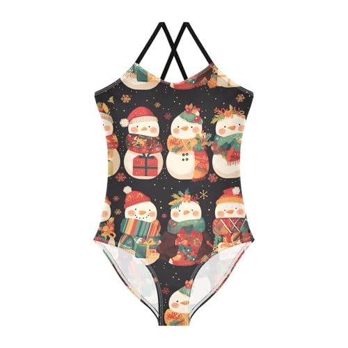 KLL Black White Christmas Snowman Girls' 1-Piece Swimsuits Summer Swimwear with Adjustable Straps Cute