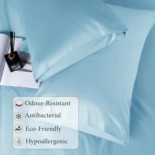 Image of RD TREND Satin Solid Fitted Bedsheets Queen Size 78x60x10 Inch, Elastic Bedsheets for Queen Size Bed with 2 Pillow Covers-18x28 Inch (Aqua), 400 TC
