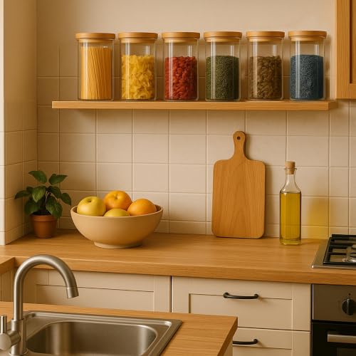 Image of Home Puff Glass Canisters for Snacks, 750ml Borosilicate Glass Jars with Airtight Bamboo Lids, Leak-Proof Kitchen Storage Containers for Namkeen, Makhana & Dry Snacks - Pack of 6