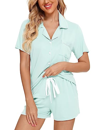 Image of Pjmlifecoco Women's Modal Pajama Set Short Sleeve Button Down Two Piece Soft Sleepwear with Shorts Loungewear S-XXL
