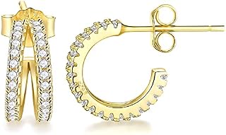 Lydreewam 925 Sterling Silver Small Half Hoop Earrings for Women Girls, Mini Huggie Hoop Earrings with 3A Zirconia, 12mm Diameter Double Hoop Earrings, 3 Colors in Silver/Gold/Rose Gold