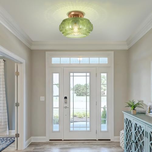 Image of 11 inch Art Deco Glass Semi Flush Mount Ceiling Light Fixture, Green