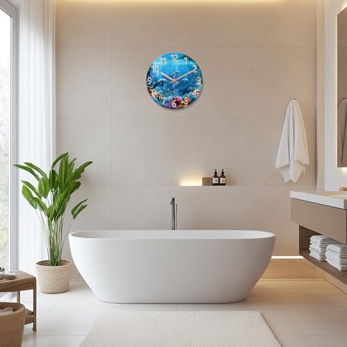 Image of XFM Large Blue Ocean Wall Clock 20 Inch Nautical Themed Dolphin | Battery Operated Tropical Modern Coastal Glass Decorative for Living Room Bedroom Bathrom Office Non Ticking
