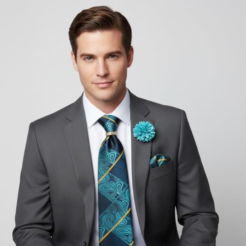 Image of 5PCS Mens Premium Silk Tie, Pocket Square, Cufflinks, Drilled Tie Ring and Lapel Pin Set for Wedding Groom Party