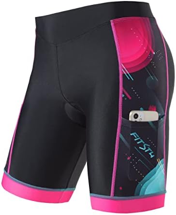 FitsT4 Kids Cycling Bike Shorts Boys Girls Printed Biking Shorts Padded Youth Triathlon Shorts with Pockets Pink Size L