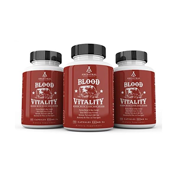 Ancestral-Supplements-Blood-Vitality-w-Blood-Liver-Spleen--Supports-Life-Blood-Bioavailable-Heme-Iron-Energy-and-Exercise-Performance Ancestral Supplements Blood Vitality is Blood, Liver & Spleen Formula, 500mg, Grass Fed Beef Supplement, Red & White Blood Cell Formation, Immune and Heart Health Support, Non GMO, 160 Capsules