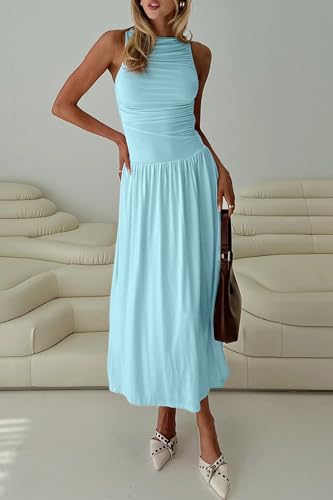 Image of Womens Summer Casual Midi Maxi Dress 2026 Sleeveless Ruched A Line Flowy Cocktail Wedding Guest Beach Long Sundress