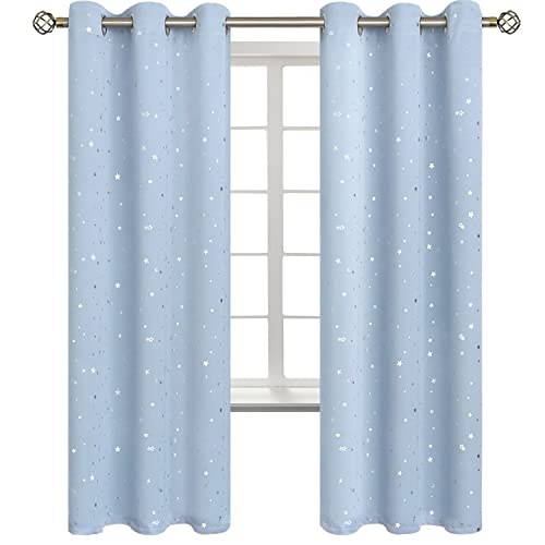 Image of BGment Star Room Darkening Curtains for Kids Bedroom - Grommet Thermal Insulated Silver Star Print Kids Curtains for Living Room, Set of 2 Panels, Baby Blue, 42 x 72 Inch