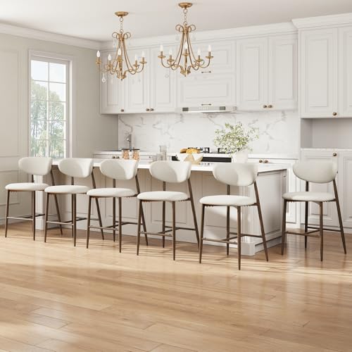 Image of MALOL Bar Stools Set of 6, Counter Height bar stools, Kitchen Bar Stools with Backs, Modern Upholstered, Modern Bar Stools with Metal Legs for Kitchen Island, Counter, Beige