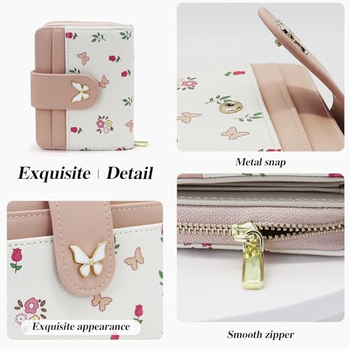 Wallet for Women, Compact PU Leather Wallet Cute Butterfly Snap Card Holder with Front Pocket and Zipper Pocket (Pink)3