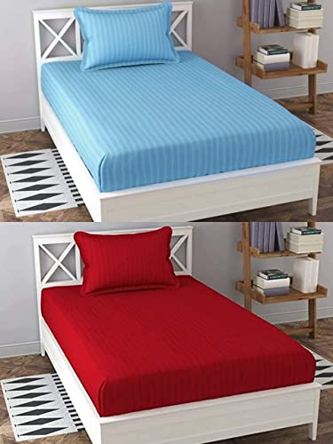 Image of Prime Collection 250 TC Combo Pack of 2 Single Sized (90x60) Satin Striped Bedsheet with 2 Pillow Cover Long Lasting Single Bedsheet for Hotel, Hospital and Home Use