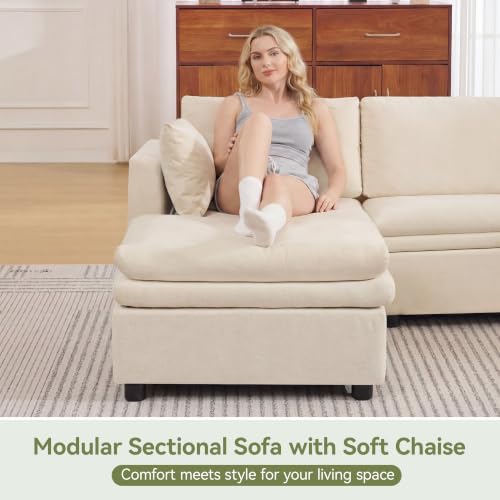 Image of 85 inch Sectional Couches with Left Chaise, Comfy Deep Dual-Layer Cushion Couch, 4 Seater L Shaped Couch, Modern Modular Sofa, Chenille Sofas for Living Room, Apartment, Beige