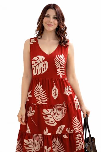 Image of Women Printed Midi Dress V-Neck Short Sleevless Maroon Pattern A-Line Dress