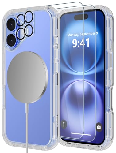 Image of Diverbox for iPhone 16 Plus Case [Compatible with MagSafe][Shockproof] [Dropproof][Tempered Glass Screen Protector + Camera Protectors] Heavy Duty Protection Cover for iPhone 16 Plus (Magnetic Clear)