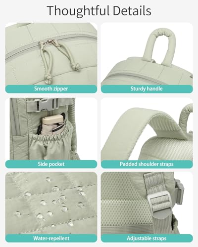 Image of Cute Laptop Backpack for Women, Quilted College Bookbag with Tumbler Holder Pocket for Nurse Teacher Work Travel, Puffer School Backpack for Teen Girls Big Student, Green