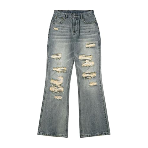 Men's Distressed Ripped Jeans, Hip Hop Motorcycle Denim, Flared Pants, Vintage Hollow Out