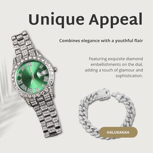 Image of Halukakah Diamonds Gold Watch Iced Out for Boy Teens Kids - 18K Real Gold /Platinum Plated,42mm Blue /Green /Red Dial,Japanese Quartz - 8 inch Length - Optional with Cuban Link Chain,with Watch Adjuster Tool